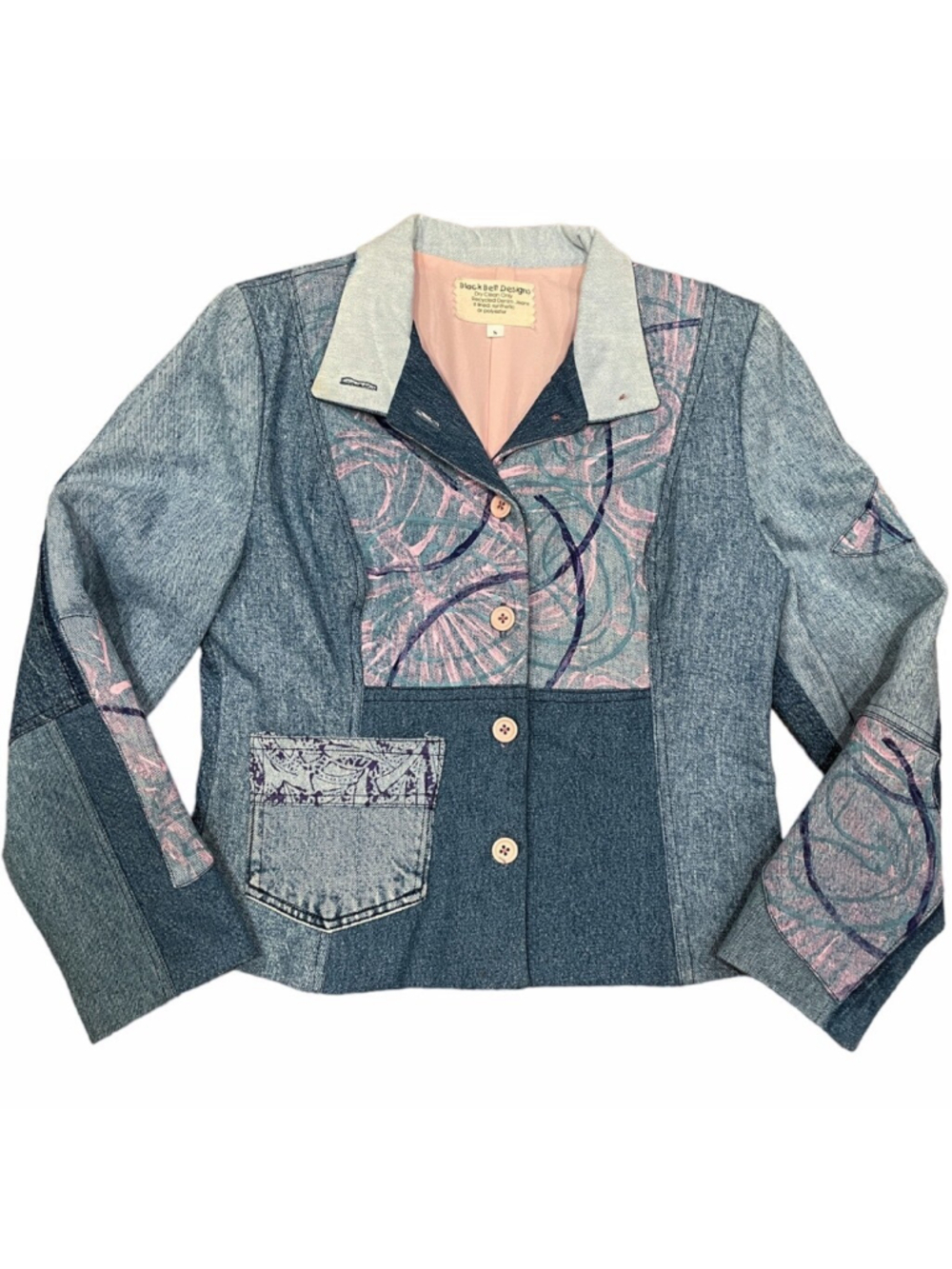 Black Belt Designs Womens Small Vtg Upcycled Jacket Hand Painted Denim Patchwork